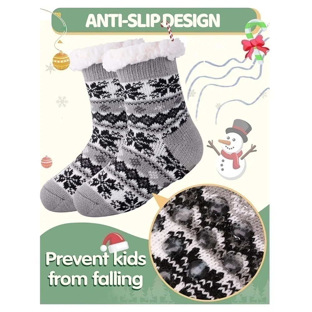 Redstar Unisex Kids Slipper Socks Gray Black White Fair Isle Grippies Fuzzy